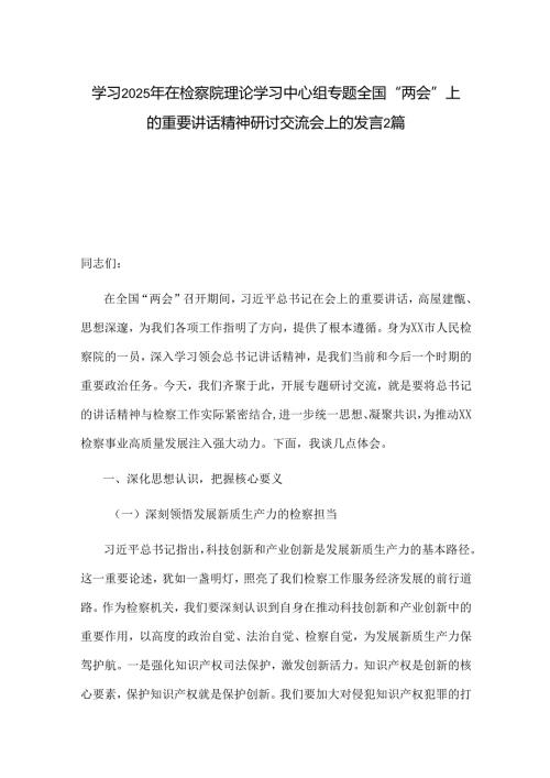 学习2025年在检察院理论学习中心组专题全国“两会”上的重要讲话精神研讨交流会上的发言2篇.docx