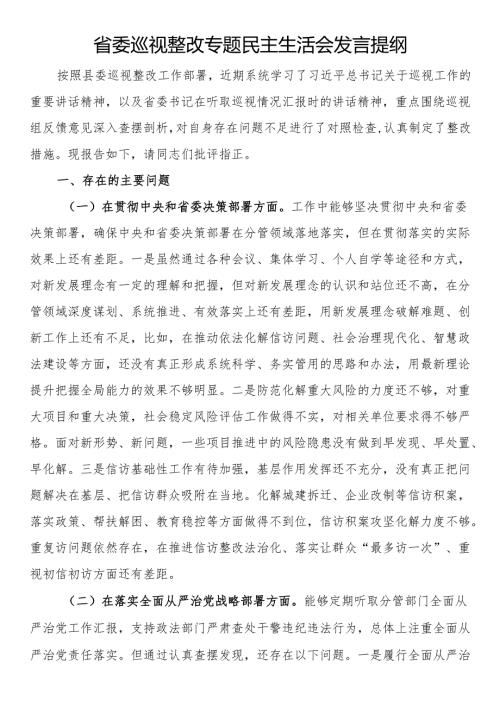 省委巡视整改专题民主生活会发言提纲.docx