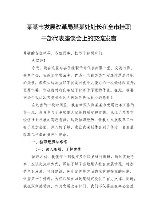 市发展改革局某某处处长在全市挂职干部代表座谈会上的交流发言.docx