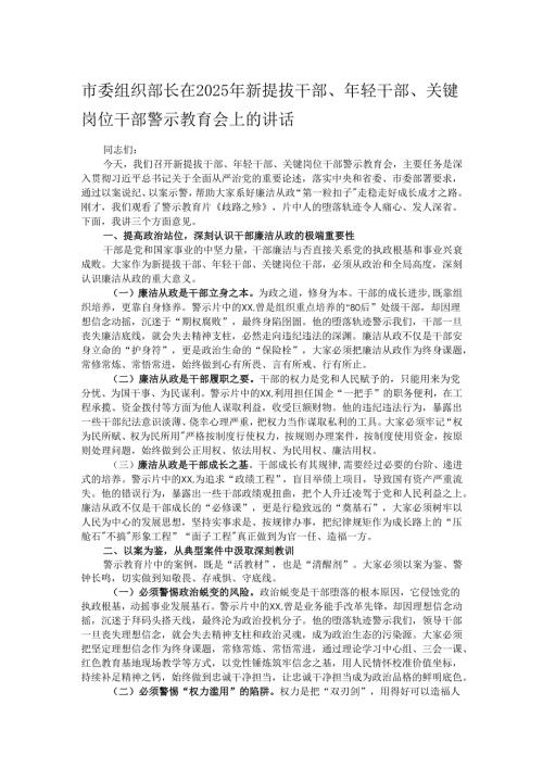 市委组织部长在2025年新提拔干部、年轻干部、关键岗位干部警示教育会上的讲话.docx