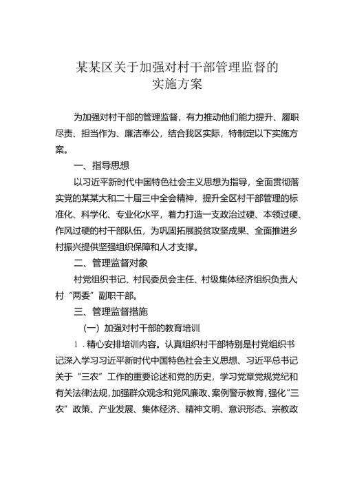 某某区关于加强对村干部管理监督的实施方案.docx