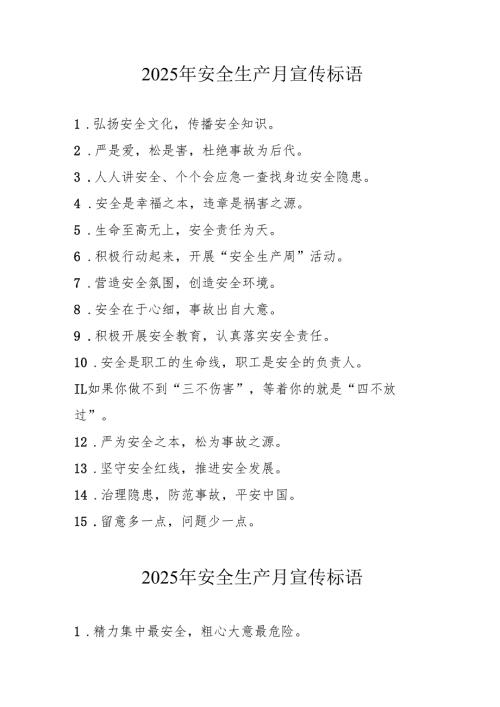 2025年全国《安全生产月》活动宣传标语 （5份）_91.docx