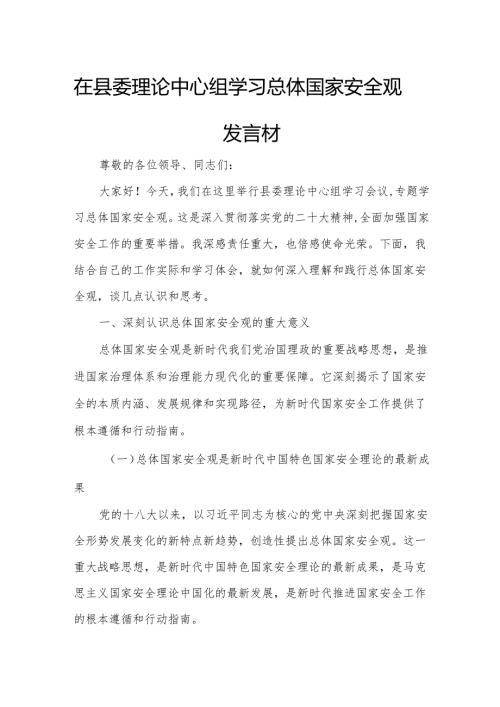 在县委理论中心组学习总体国家安全观发言材料.docx