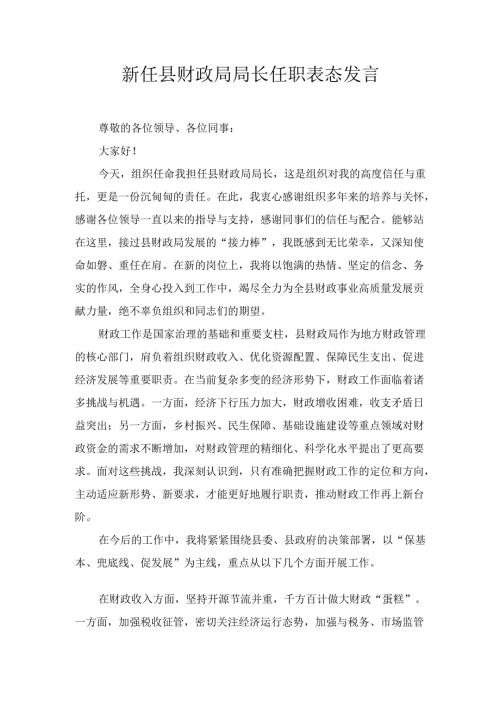 新任县财政局局长任职 表态发言.docx