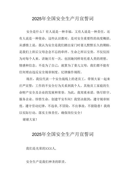 2025年全国安全生产月个人宣誓词 （9份）.docx