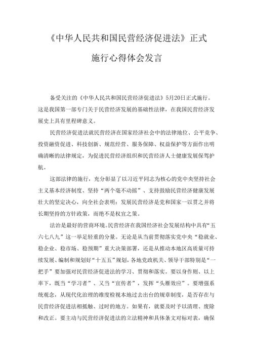 两篇《中华人民共和国民营经济促进法》正式施行心得体会发言.docx