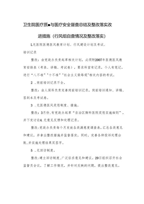 卫生院医疗质量与医疗安全督查总结及整改落实改进措施（行风组自查情况及整改落实）.docx