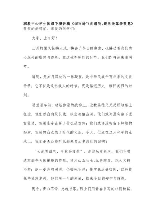 职教中心学生国旗下演讲稿《细雨纷飞向清明追思先辈表敬意》.docx