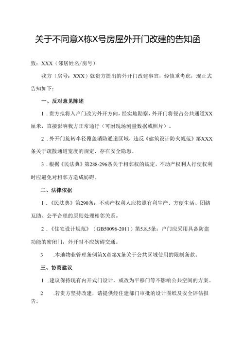 关于不同意邻居房屋外开门改建的告知函.docx