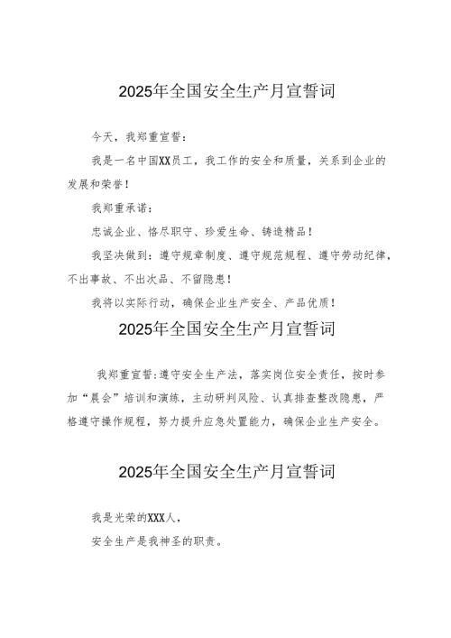 2025年全国《安全生产月》个人宣誓词 汇编9份.docx