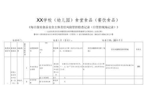 XX学校（幼儿园）食堂食品（餐饮食品）《落实食品安全主体责任风险管控检查记录（日管控现场记录）》(记录内容及存在问题原因分析和整改防控措施填写.docx