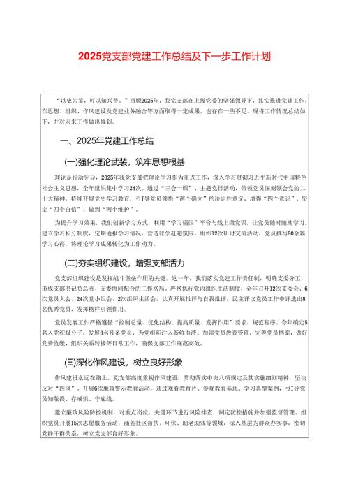 2025党支部党建工作总结及下一步工作计划 .docx