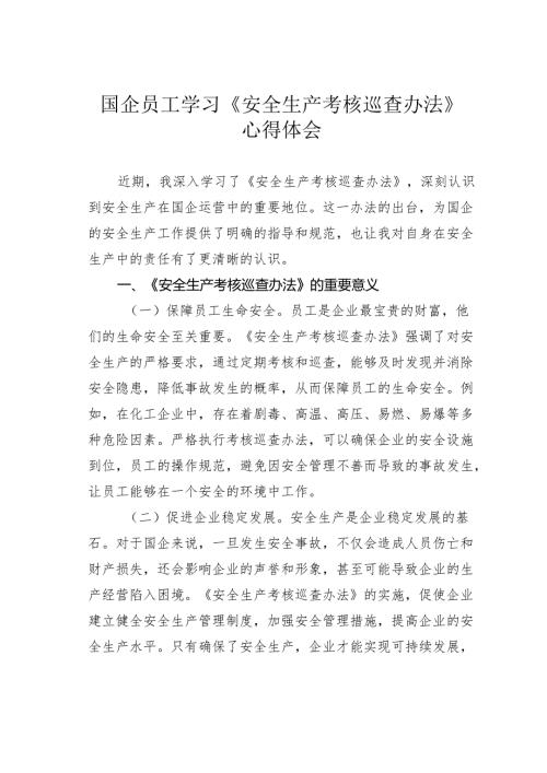国企员工学习《安全生产考核巡查办法》心得体会.docx