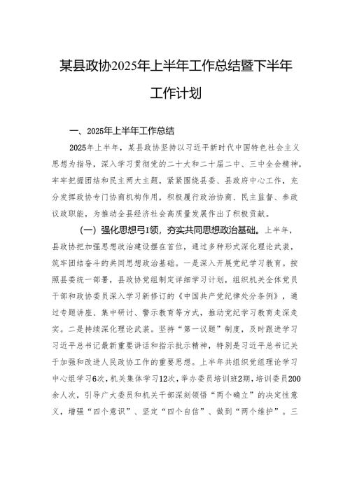 县政协2025年上半年工作总结暨下半年工作计划.docx