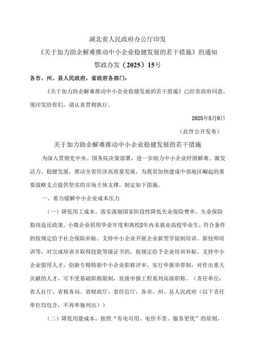 湖北省关于加力助企解难推动中小企业稳健发展的若干措施（2025年）.docx