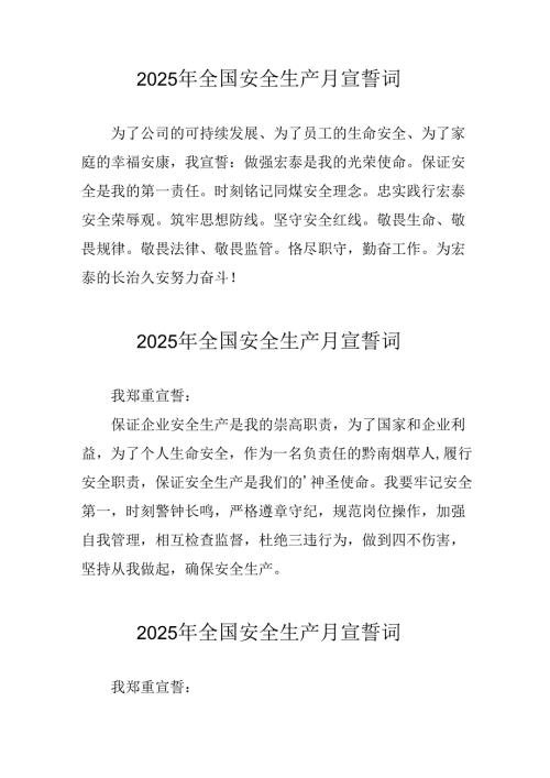 2025年全国《安全生产月》个人宣誓词 汇编4份.docx