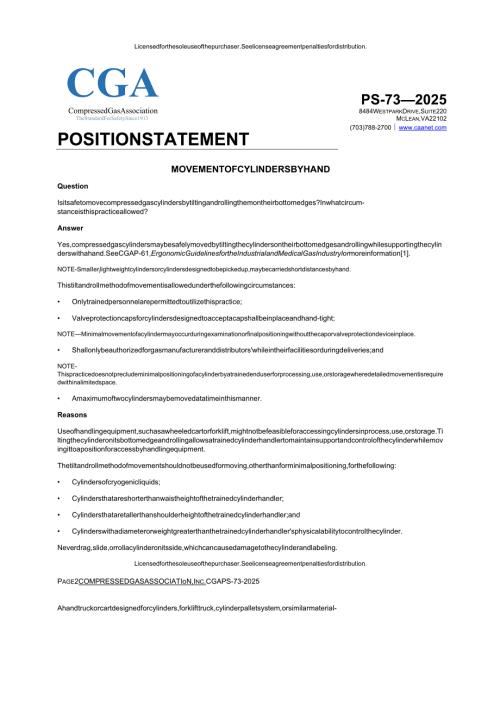 CGA PS-73 1ST ED (2025) CGA Position Statement on Movement of Cylinders by Hand.docx