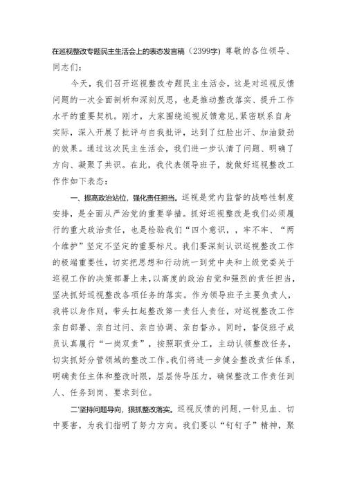 在巡视整改专题民主生活会上的表态发言稿（2399字）.docx