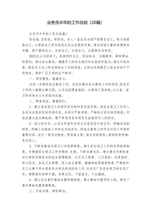 业务员半年的工作总结（20篇）.docx