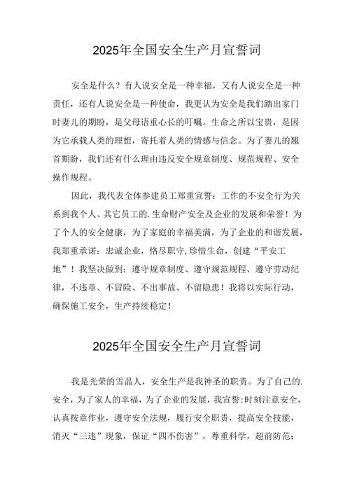 2025年全国《安全生产月》个人宣誓词 合计3份.docx