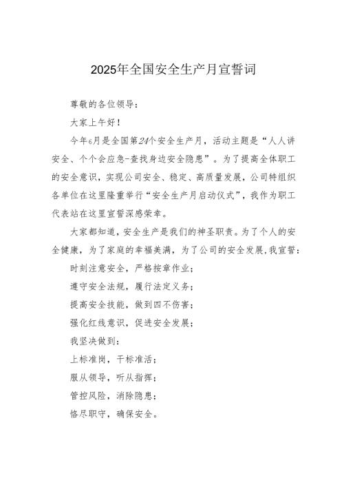 2025年全国《安全生产月》个人宣誓词.docx