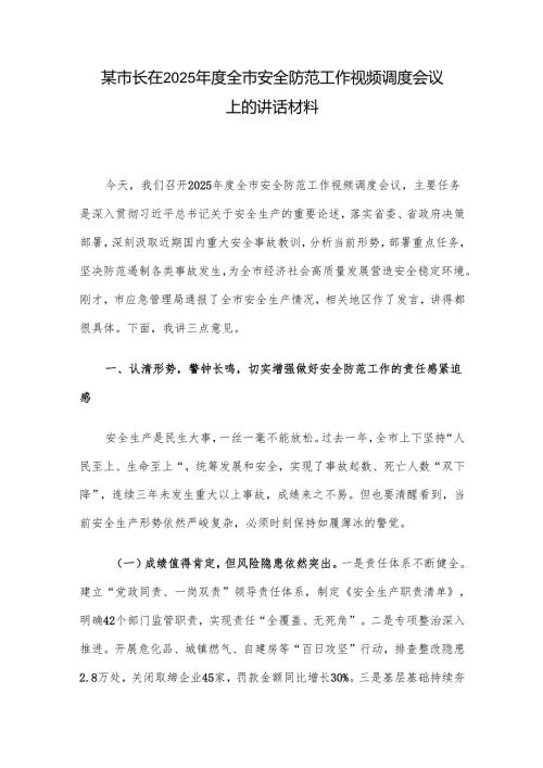 某市长在2025年度全市安全防范工作视频调度会议上的讲话材料.docx