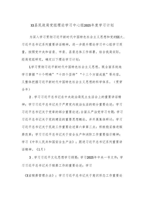 XX县民政局党组理论学习中心组2025年度学习计划.docx