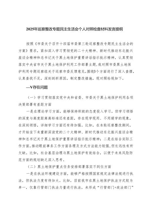 2025年巡察整改专题民主生活会个人对照检查材料发言提纲范文5篇（精选版）.docx