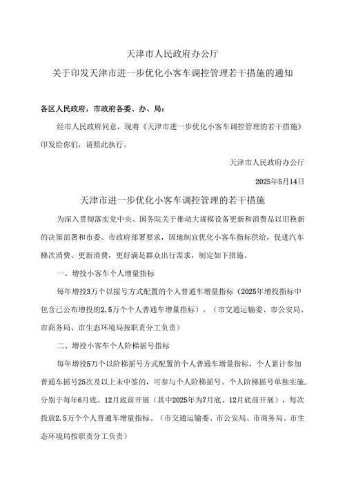 天津市进一步优化小客车调控管理的若干措施（2025年）.docx