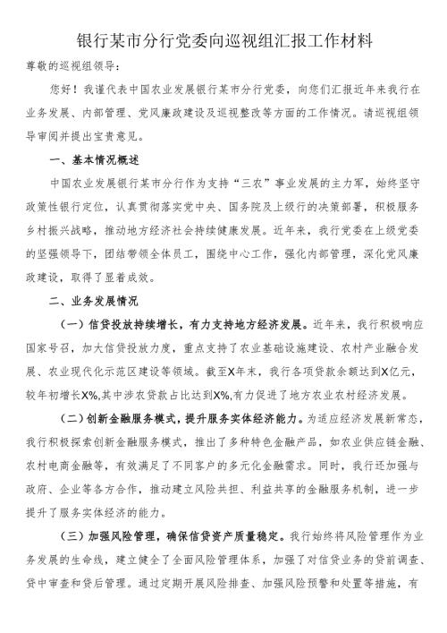 银行某市分行党委向巡视组汇报工作材料.docx