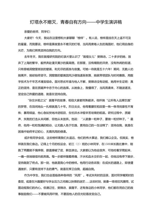 灯塔永不熄灭青春自有方向——中学生演讲稿.docx