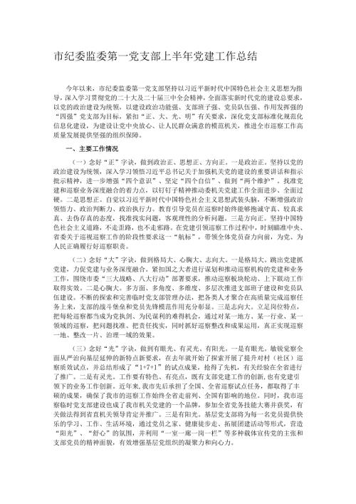 市纪委监委第一党支部上半年党建工作总结.docx