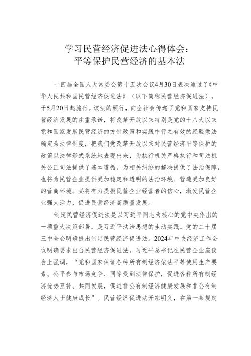 学习民营经济促进法心得体会：平等保护民营经济的基本法.docx