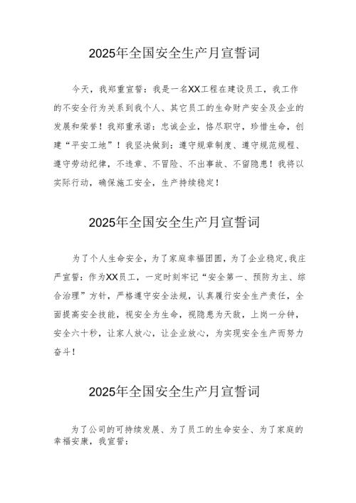 2025年全国安全生产月动员会宣誓词 （汇编4份）.docx