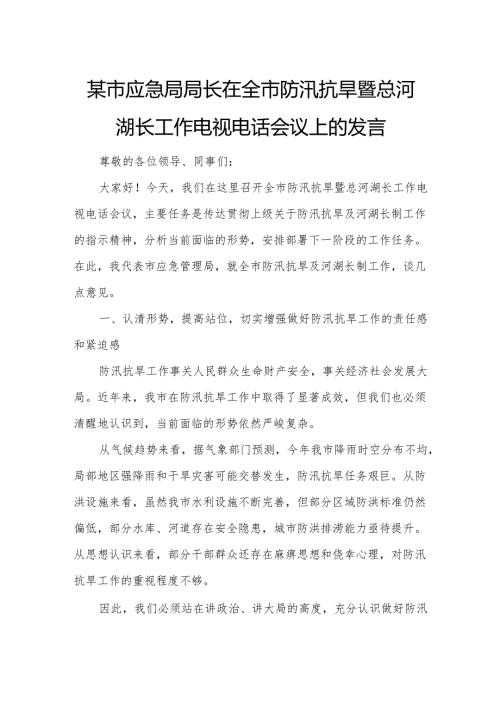 某市应急局局长在全市防汛抗旱暨总河湖长工作电视电话会议上的发言.docx