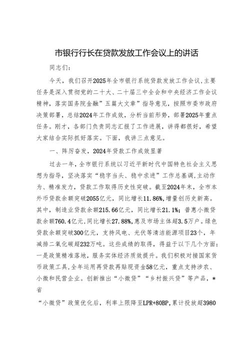市银行行长在贷款发放工作会议上的讲话.docx