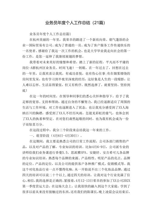 业务员年度个人工作总结（21篇）.docx