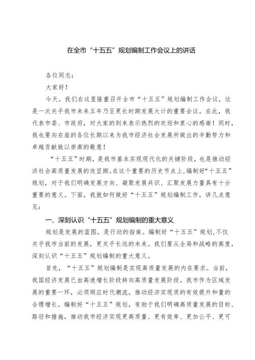在全市“十五五”规划编制工作会议上的讲话（3篇精选）.docx