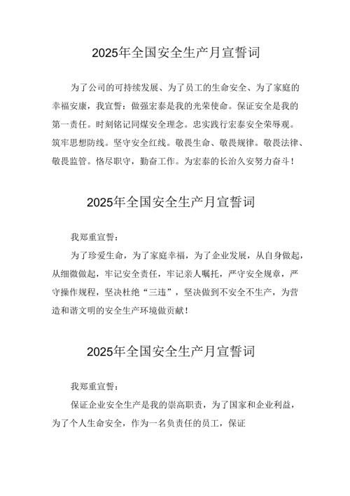 2025年全国《安全生产月》个人宣誓词 合计9份.docx