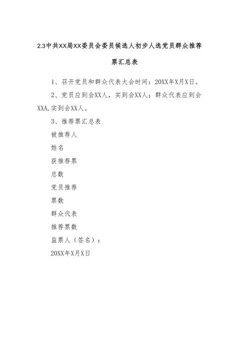 2.3中共XX局XX委员会委员候选人初步人选党员群众推荐票汇总表.docx