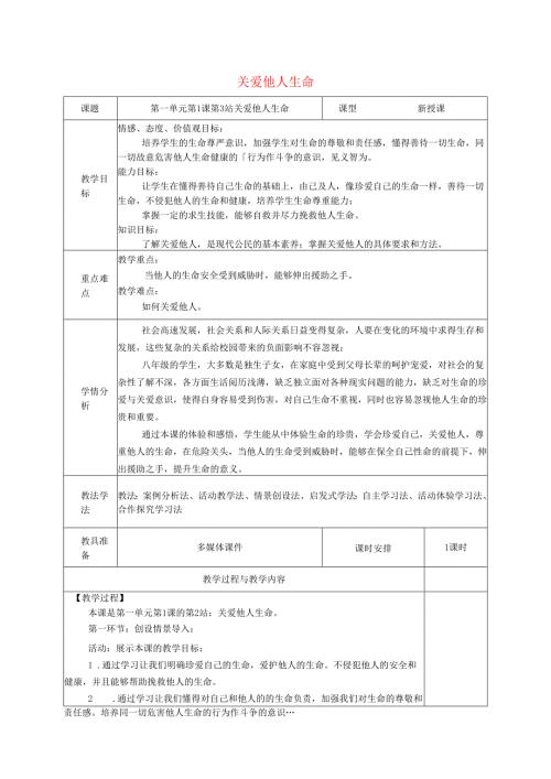 广东省揭阳市八年级道德与法治上册第一单元步入青春年华第1课珍爱生命第2站关爱他人生命教案北师大版.docx