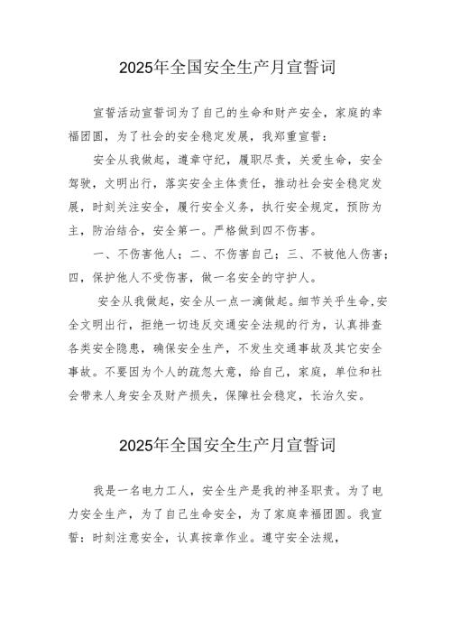 2025年全国《安全生产月》个人宣誓词 （9份）.docx