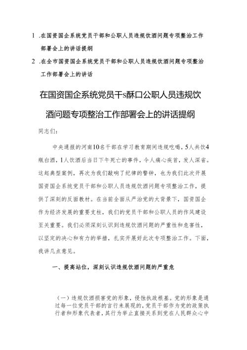 两篇：在国资国企系统党员干部和公职人员违规饮酒问题专项整治工作部署会上的讲话范文.docx
