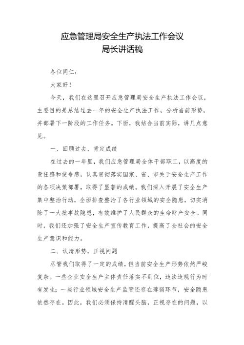 最新应急管理局安全生产执法工作会议局长讲话稿.docx