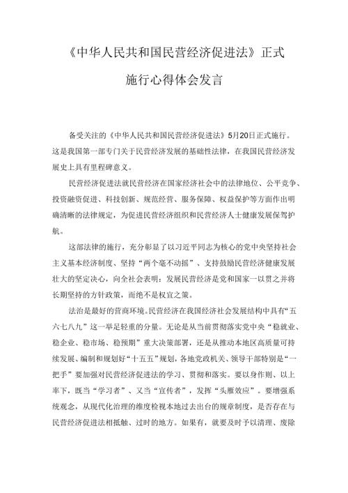 《中华人民共和国民营经济促进法》正式施行心得体会发言.docx