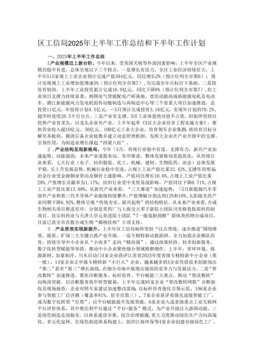 区工信局2025年上半年工作总结和下半年工作计划.docx