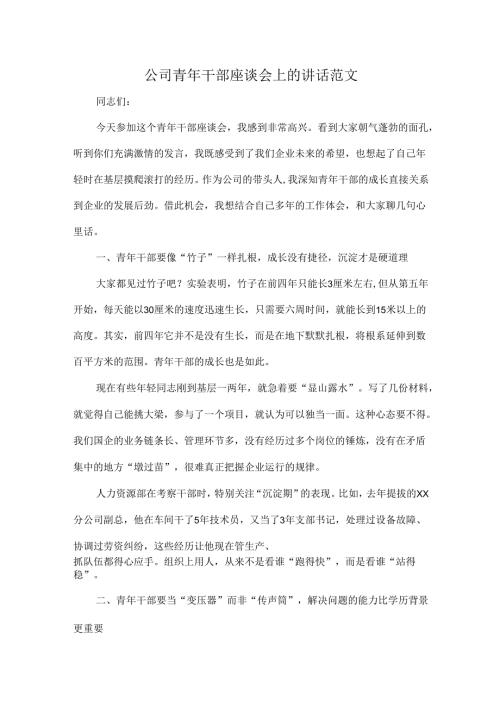 公司青年干部座谈会上的讲话范文.docx