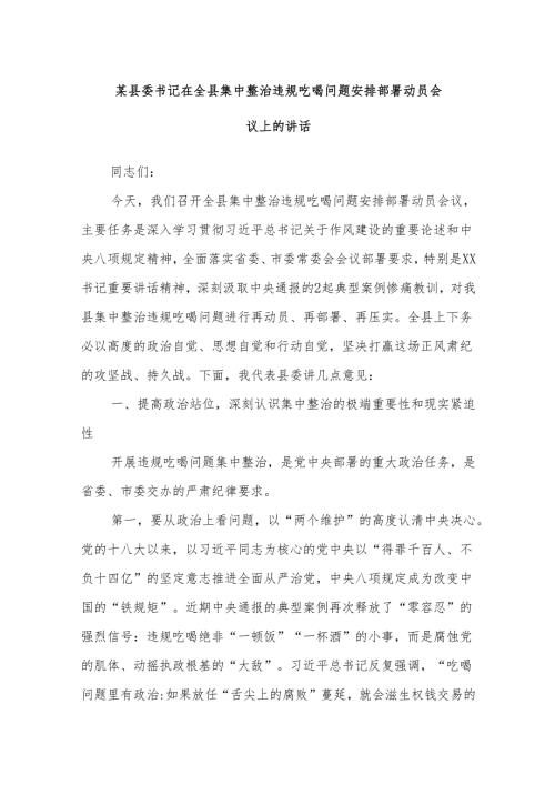 某县委书记在全县集中整治违规吃喝问题安排部署动员会议上的讲话.docx