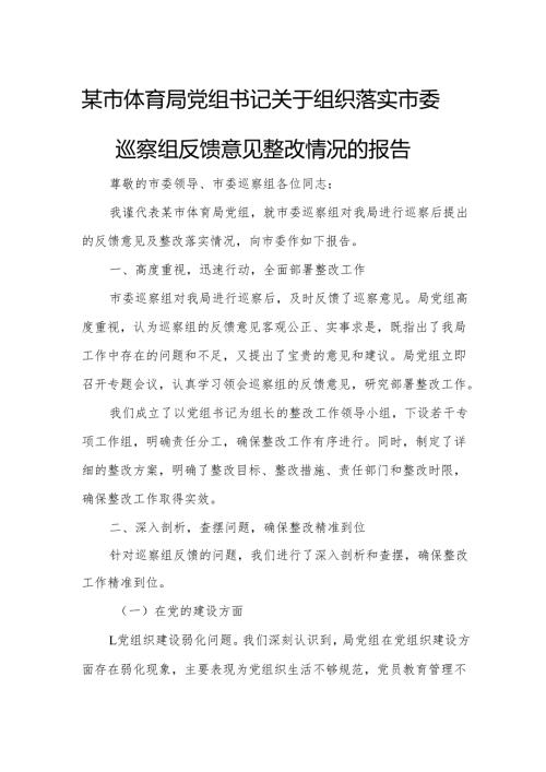 某市体育局党组书记关于组织落实市委巡察组反馈意见整改情况的报告.docx