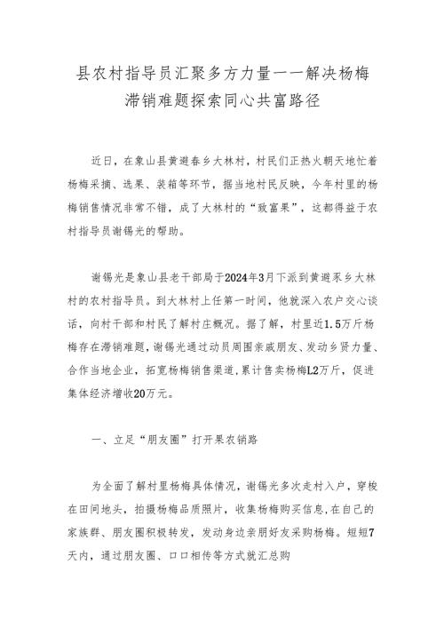 县农村指导员汇聚多方力量——解决杨梅滞销难题 探索同心共富路径.docx